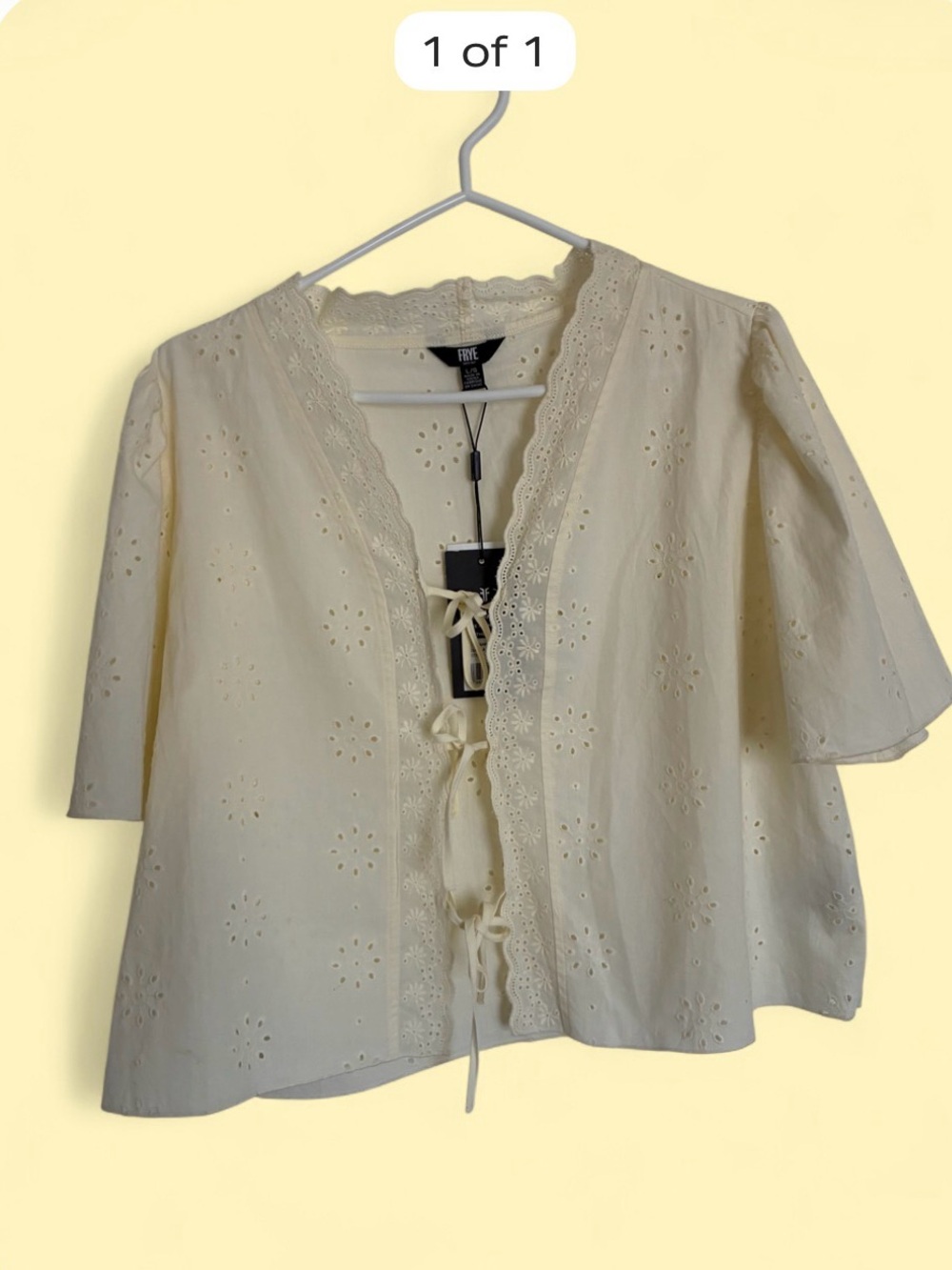 NWT FRYE Cream Butter Yellow Eyelet Lace Trim Tie-Front Top Blouse Large